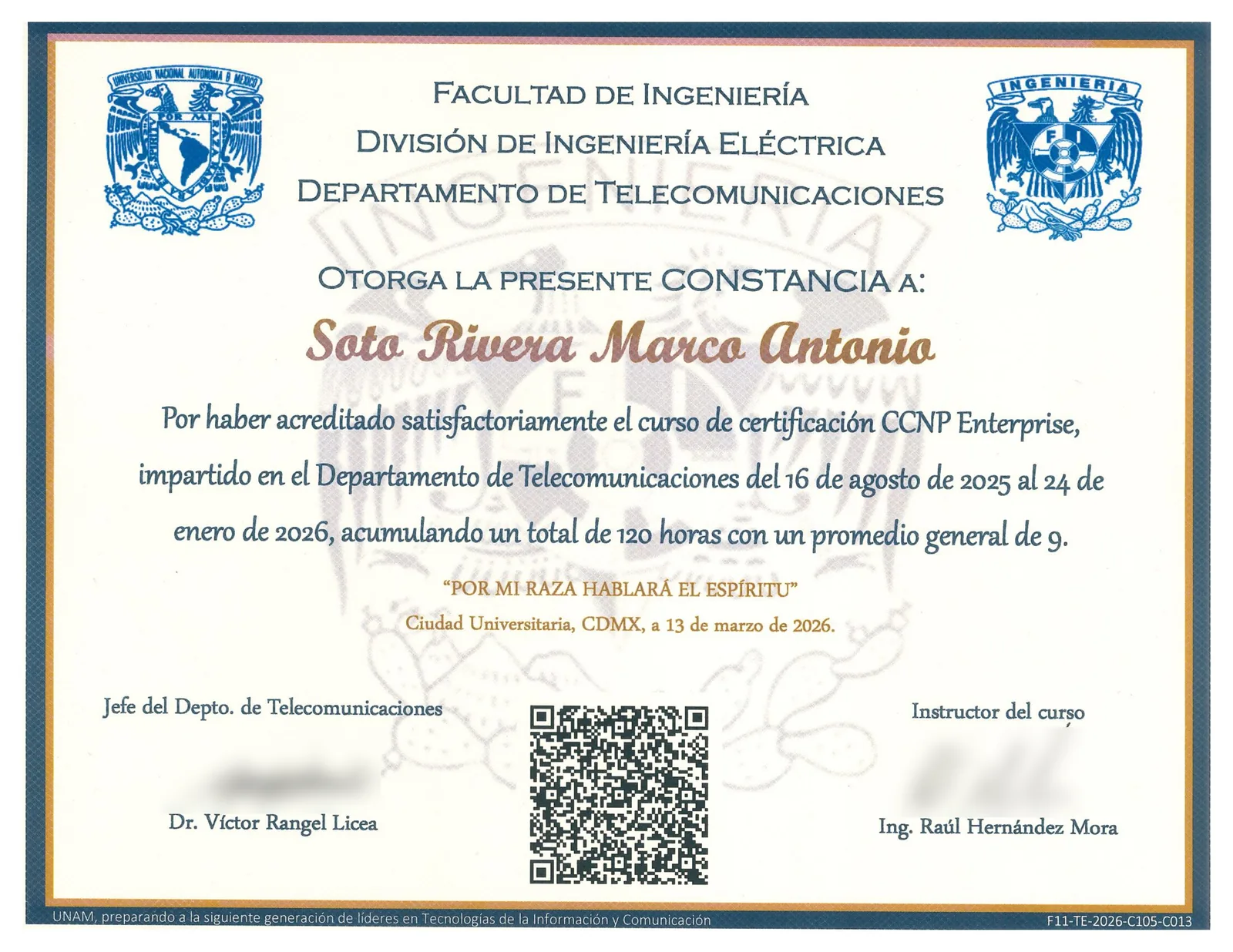 UNAM certificate of completion for the CCNP Enterprise certification course, 120 hours, awarded to Marco Antonio Soto Rivera