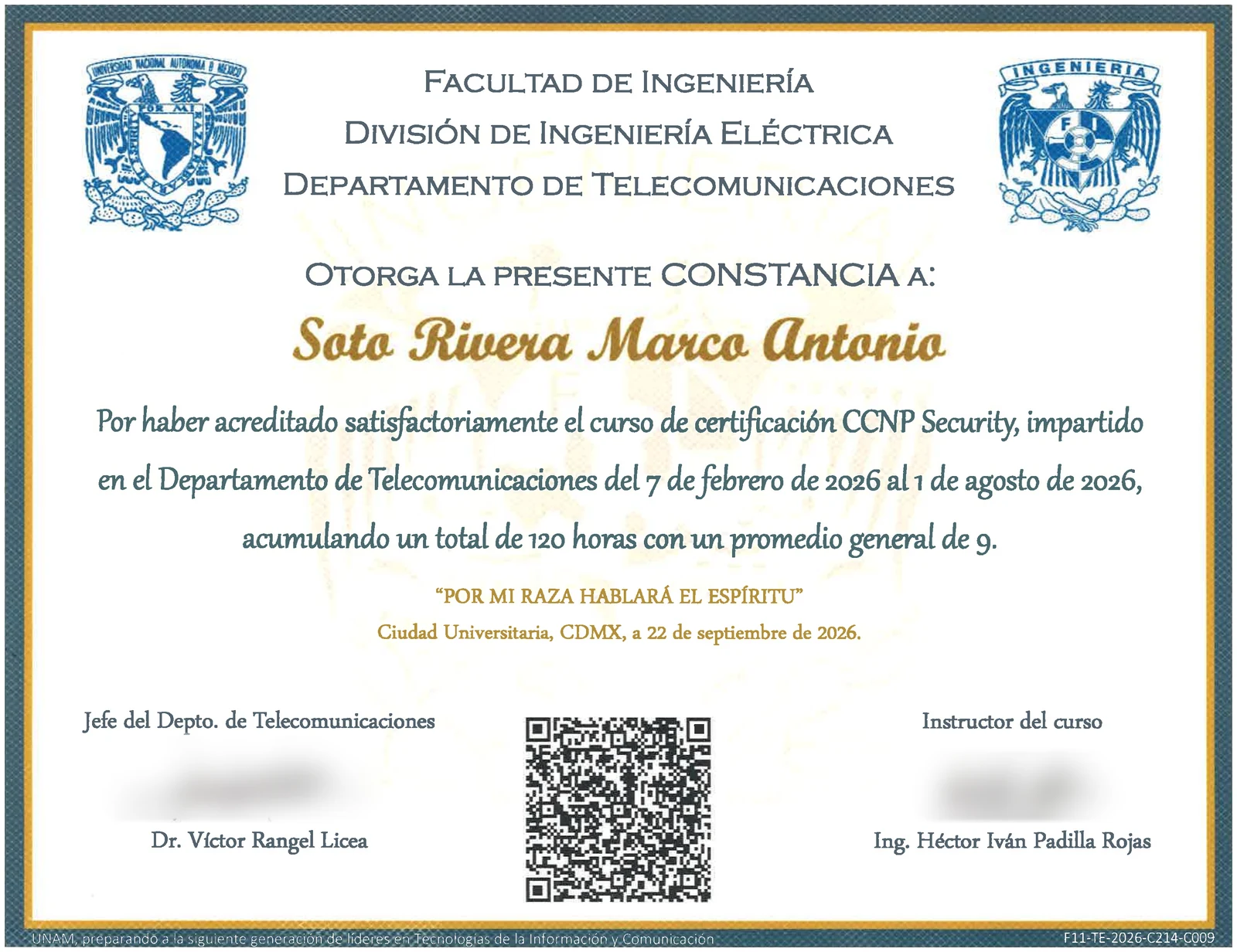 UNAM certificate of completion for the CCNP Security certification course, 120 hours, awarded to Marco Antonio Soto Rivera